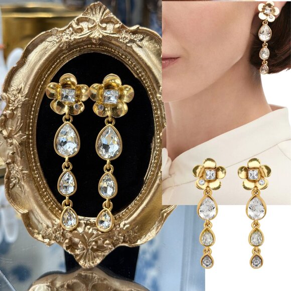 🆕 OSCAR DE LA RENTA 🧿 NWOT Flower Crystal Teardrop Earrings - Picture 1 of 16